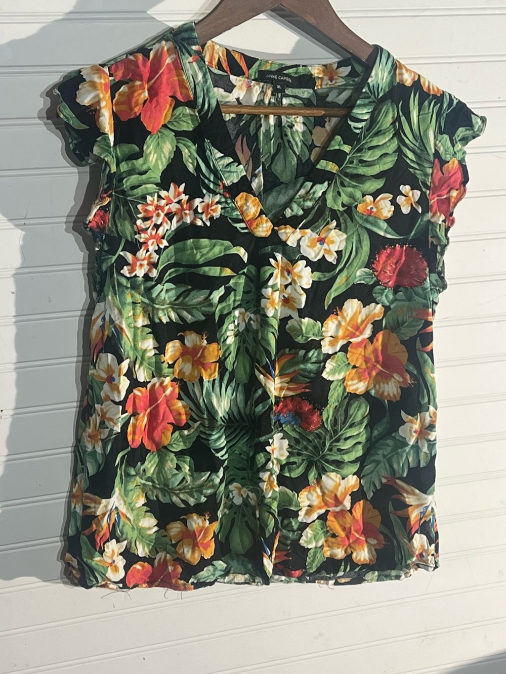 Anne Carson Black Tropical Floral V-Neck Blouse Flutter Cap Sleeves Size XL